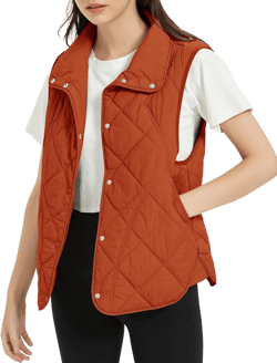 Flygo Women's Quilted Vest Stand Collar Lightweight Button Down Puffer Padded Outerwear Gilet with Pockets Reddish Orange Medium