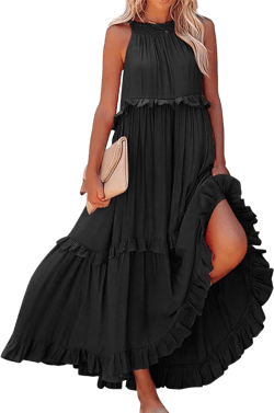 Women's Summer Beach Dress Halter Tie Back Maxi Dress Long Tiered Ruffle Dress Sleeveless Flowy Boho Sundresses