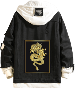 Lpstop Chinese Dragon Denim Jacket Dragon Hand Drawn Style Hoodie Animal Print Lightweight Jacket Coat for Teens Large A