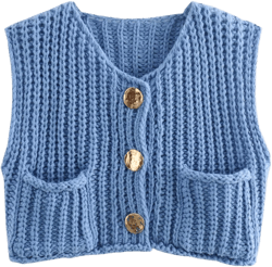 Women's Chunky Knit Sweater Vest with Front Button Cropped Cardigan Tank Tops and Pocket,Blue - M