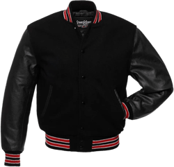 Stewart & Strauss Original Varsity Letterman Jacket Since 1977 (48 Team Colors) Wool & Leather XXS to 6XL XX-Large Black Red White
