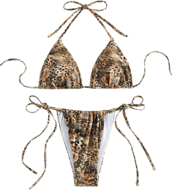 GORGLITTER Women's Leopard Print Swimsuits Halter Bikini Top High Cut Thong String Bikini Set 2 Piece Bathing Suit