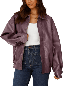 PRETTYGARDEN Women's Faux Leather Motorcycle Jacket Trendy Fall Spring Clothes Oversized Zip Up Winter Coat Outerwear X-Large Purple