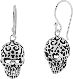 AeraVida Menacing Tattooed Skull with a Unique Pattern .925 Sterling Silver Dangle Earrings | Edgy Skull Design Earrings for Men and Women | Sterling Silver Gothic Jewelry