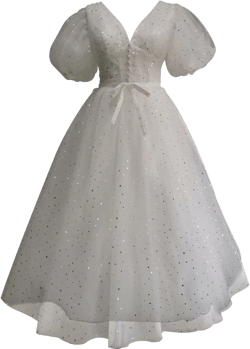 Xijun Women's Sparkle Starry Tulle A Line Puffy Sleeve Prom Dresses with Slit Formal Evening Party Gowns 6 White Tea-length Style