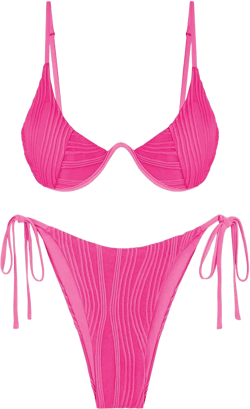 ZAFUL Women's Textured Underwire Bikini Set V Notch High Cut Swimwear Tie Side Ribbed Sexy Swimsuits X-Large 441-pink