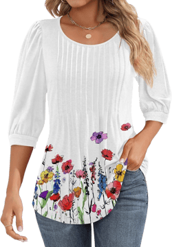 Ficerd Women's Puff 3/4 Sleeve Tops Trendy Crew Neck Tunic Top Pleated Casual Loose Dressy T Shirts Blouses Small Red White Floral