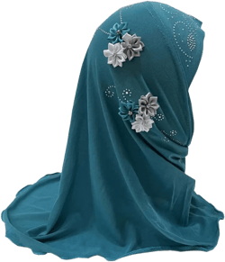 Girls Long Muslim Hijab with Flowers Arab Scarf Islamic One Piece Head Scarf for 2-6 Years Kids Green