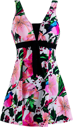 wantdo Women's Plus Size One Piece Swimsuit Floral Printed Swimdress Cover Up Skirtini Bathing Suit 18-20 Plus Bird Flower