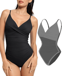 Popilush Swimsuit One Piece Tummy Control Ruched V Neck Bodysuit Push Up Padded Bathing Suits