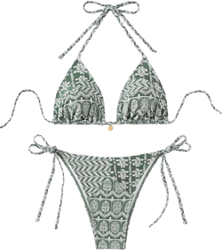 WDIRARA Women's 2 Piece Floral Print Swimsuits Geometric Halter String Triangle Bikini Set Beach Bathing Suit Army Green X-Small