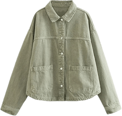 Women's Denim Jacket Long Sleeve Button Coat Oversize Streetwear Jeans Jackets Small Khaki