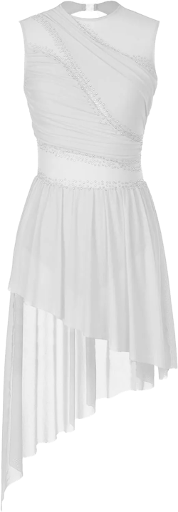 Women Lyrical Dance Costume Rhinestones Asymmetrical Mesh Tulle Flowy Leotard Figure Skating Dance Dress Large White