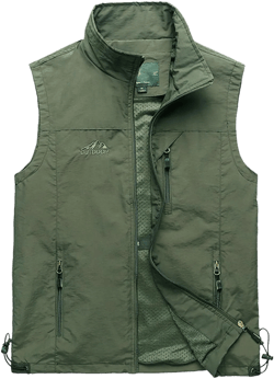 Men's Outdoor Utility Vest Zip Up Regular Fit Outerwear Lightweight Safari Travel Hunting Waistcoat with Pockets Army Green Medium
