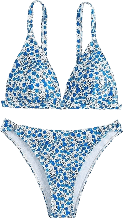 ZAFUL Women's 2 Piece Floral Print Swimsuit Triangle String High Cut Bikini Sets Bathing Suit Large 1-blue Multicolor