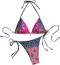 MakeMeChic Women's Printed 2 Piece Swimsuit Halter Triangle Bikini Set Tie Side Thong Bathing Suit Medium Multicolor