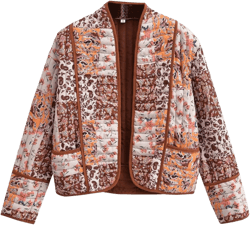 Flygo Women Cropped Puffer Jacket Cardigan Floral Printed Quilted Coats Lightweight Open Front Crop Padded Down Jackets(02Brown-S)