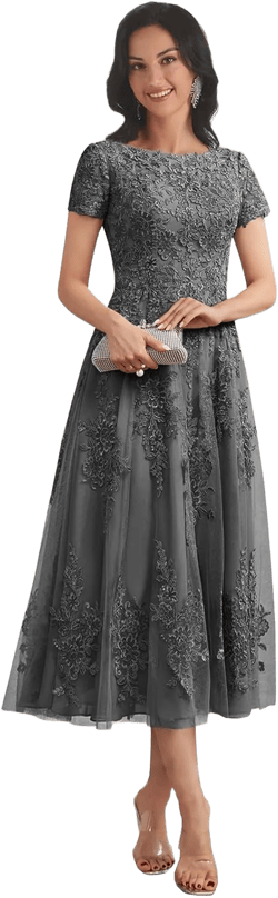 Grey Classy Mother of The Bride Dresses for Women Tea Length Lace Applique Corset Tulle Formal Wedding Party Gown Size 12
