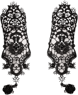 Black Lace Fingerless Gloves Women Gothic Floral Lace Steampunk Wristband Ring Imitation Pearl Handmade Lace Up Gloves Bridal Bracelet Ring Set - 1 Pair - S Size