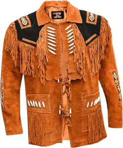 Men's Cowboy Western leather Coat Native American Jacket with Fringes Beades &Bones Medium Brown