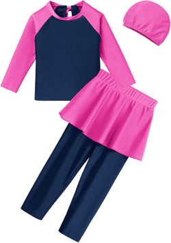 ODIZLI Girls Full Cover Hijab Burkini Swimsuit Modest Muslim Long Sleeve Swimwear Bathing Suit 18-24 Months Navy Blue Hot Pink