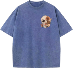 Bobeutou Oversized Vintage T Shirts for Women Skull Shirts Skeleton Gothic Graphic Acid Wash Tshirts Baggy Tee Crew Neck Tops Blue XX-Large