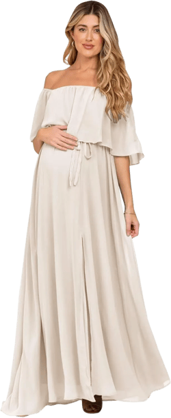 Women's Maternity Gown for Photoshoot Chiffon Maternity Dress for Baby Shower with Sleeves Medium Ivory