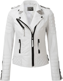 Benjer Skins Women's Leather Jacket Motorcycle Racing Cafe Racer Biker Jacket Black X-Small White