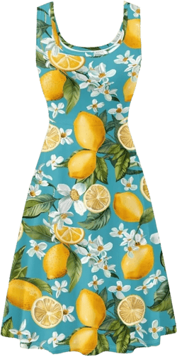 Women's Summer Casual Floral Print Midi Beach Sundress Sleeveless Scoop Neck Flowy A Line Tank Dress with Pockets X-Large Lemon Tropical Floral