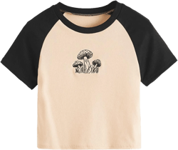 SweatyRocks Women's Graphic Print Round Neck T Shirt Short Sleeve Crop Tee Tops Large Mushroom Black 1