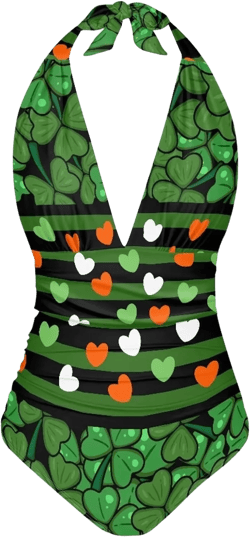 Veniyate Womens Tummy Control Bathing Suit Sexy One Piece Swimsuits Slimming Halter Ruched Swimwear Large St. Patrick's Day Hearts