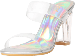 ZriEy Women's Chunky Block Open Toe Mid High Heeled Sandals Two Strap Slip on Heels Slide Sandals for Party Wedding Dress Dating Daily Pumps Shoes 6 Sliver Clear