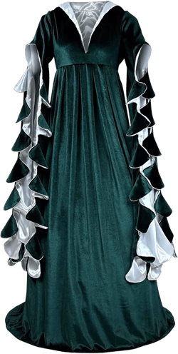 Women's Velvet Renaissance Gown Costume Medieval Houppelande Floor Length Dress Long Train, Large Arm Tippets Medium Green