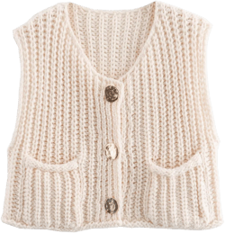 Womens Sweater Vest Chunky Knit Cardigan Front Button Sweater Tank Tops Cropped Sweater Vest with Pocekt,Beige - S