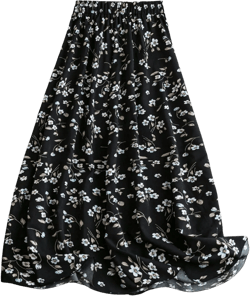 SHENHE Women's High Waist Ditsy Floral Flared Maxi Skirt A Line Flowy Boho Skirt Black Small