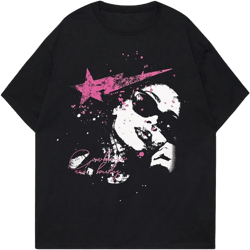 GORGLITTER Men's Y2K Graphic Print Goth T-Shirt Summer Short Sleeve Streetwear Round Neck Tees Shirt Medium Black Character
