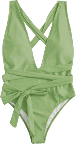 Lilosy Sexy Push Up Tummy Control Plunge Backless High Cut Leg Thong Cheeky Brazilian 1 One Piece Bikini Swimsuit Women Open Back Bathing Suit Self Tie Criss Cross Monokini Mint Green Large