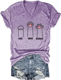 Rock Paper Scissors Cat Paw Print Funny Cat Shirts for Women Graphic Tees Large Purple