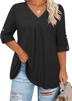 Siddhe Plus Size Tops for Women 3/4 Sleeve Shirts V Neck Blouses Tunic Top Spring Summer 2025. 39-black X-Large
