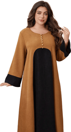 SHEIN Najma Plus Size Women Contrast Color Metal Pearl Button Front Slit Long Sleeve Arabic Dress, Casual Modest Tunic Arabian Dresses, For Casual Daily
