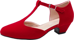 MAIERNISI JESSI Women's T-Strap Low Chunky Heel Mary Jane Pumps Cut Out Wedding Dress Shoes 11 Red Velvet