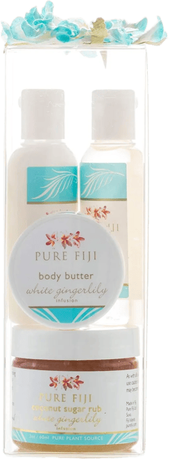 Pure Fiji Spa Gift for Women - Body Gift Box Include: Body Lotion 1Fl.Oz, Nourishing Exotic Oil 1 Fl.Oz, Body Butter 0.5oz & Sugar Rub 2oz, Scent White Gingerly