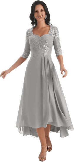 Women's Lace Bodice Mother of The Bride Dresses Tea Length for Wedding A-Line Chiffon Pleated Formal Party Gown