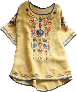 Fitted T Shirts for Women 2023 Vintage Embroidered Mexican Cotton Linen Blouse Dressy Casual Short Sleeve Tunic Top #03 Yellow 3X-Large
