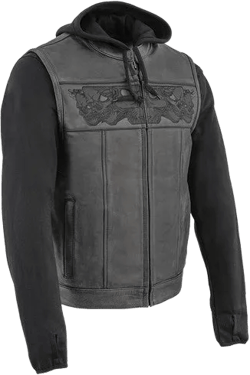 Men's Black Leather Vest with Reflective Skulls & Full Hoodie Liner 3563