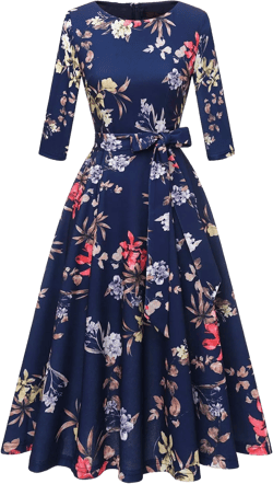 DRESSTELLS Cocktail Dresses for Women, Vintage Wedding Guest 3/4 Sleeves Formal Church Dress, Summer 2025 Navy Flower Small