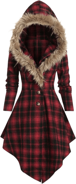 Womens Furry Hooded Jackets Plaid Printed Plush Button Asymmetric Long Tops Cloak Button Gothic Coats Red Small