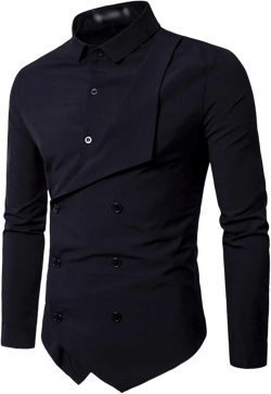 DGHM-JLMY Men's Double-Breasted Fake Two-Piece Everted Placket Shirt Solid Personality British Style Fake 2 Piece Shirts