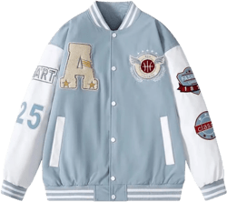 Unisex Varsity Jacket, Letter Winter Jackets for Men and Women Streetwear Bomber Coats X-Large Light Blue