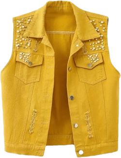 Pegsmio Women's Denim Vest Autumn Solid Hole Studded Sleeveless Jacket Short Jeans Coat Street Denim Outwear